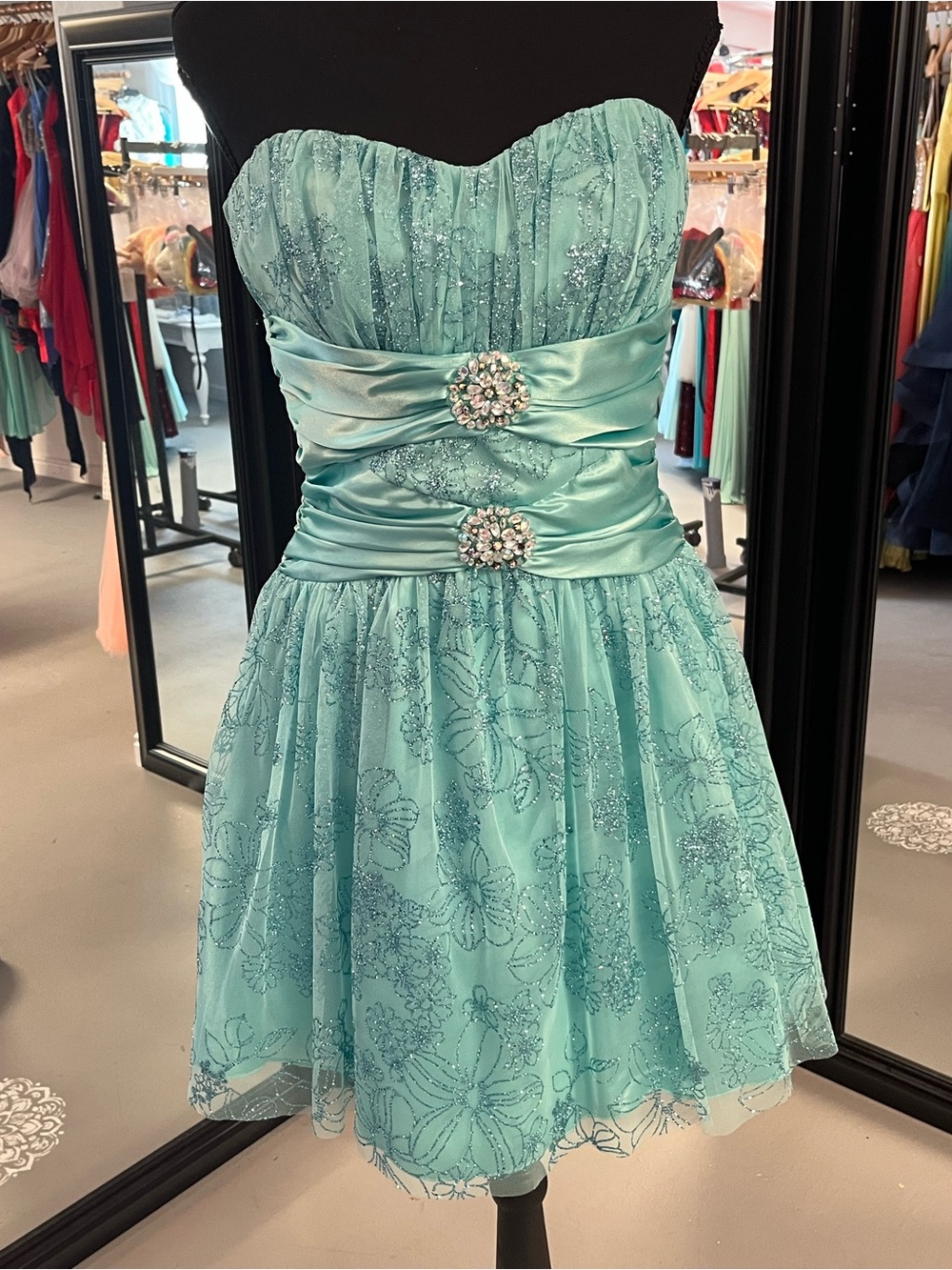 Deb Aqua Strapless Glitter Chiffon Prom Dress with Jeweled Waist